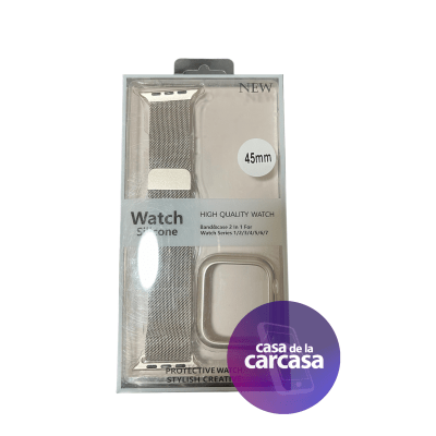 Set Correa Metálica + Carcasa Plateado Applewatch 45mm1