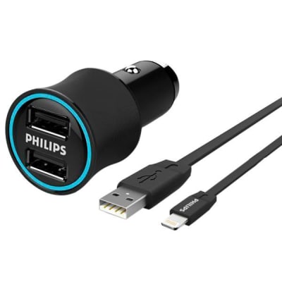 Cargador de auto 2 USB Philips + cable Lightning1