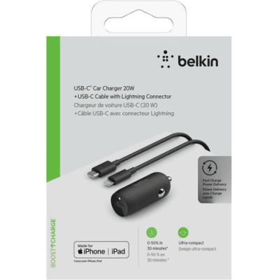 BELKIN CARGADOR AUTO USB-C + CABLE LIGHTNING 20W