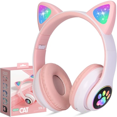 Audífono Bluetooth Orejas Gato Rosado Luces1