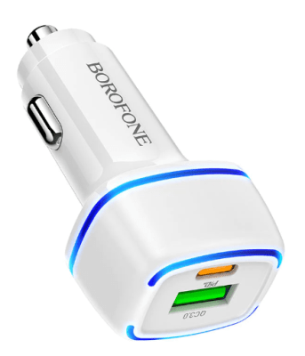 Cargador Auto PD20W QC3.0 USB y Tipoc C Blanco Borofone BZ14A1