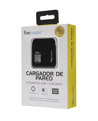 Cargador de Pared Tecmaster Negro 2 Puertos USB 2.4A1
