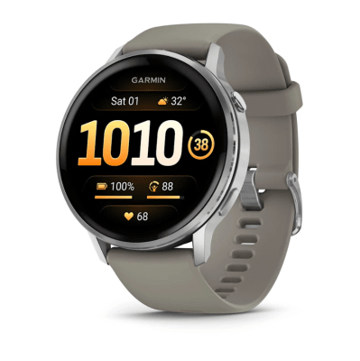 Garmin - Venu 4 Amoled, Bisel de Acero Inox Plata - Correa Silicon Gris - 45mm