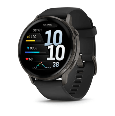 Garmin - Venu 4 Amoled, Bisel de Acero Inox Gris - Correa Silicon Negra - 45mm