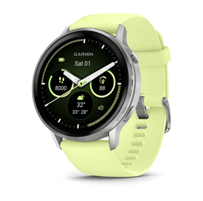 Garmin - Venu 4 Amoled, Bisel de Acero Inox Plata - Correa Silicon Amarilla - 45mm