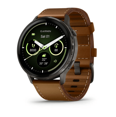 Garmin - Venu 4 Amoled, Gris con correa de silicona negra y correa de cuero marrón - 45mm