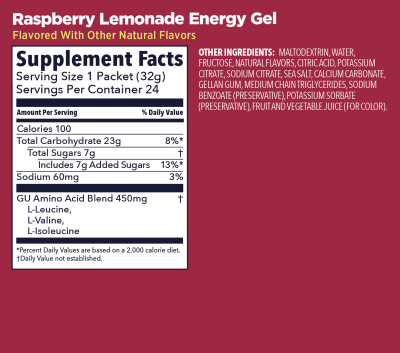 GU - Caja de 24 Geles - GU Energy - Raspberry Lemonade - Sin cafeína
