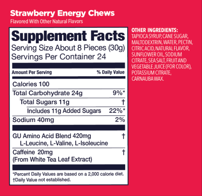 Caja de 12 Gomitas - GU Energy Chews Strawberry - 20mg cafeína