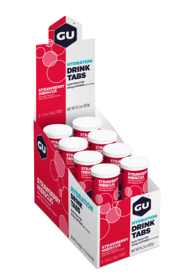 Caja de 8 Tubos - GU Drink Tabs Strawberry Hibiscus - 20mg Cafeina p/tab