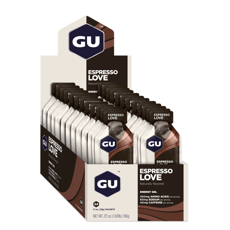 Caja de 24 Geles Gu Energy Espresso Love 40mg de cafeína Takano