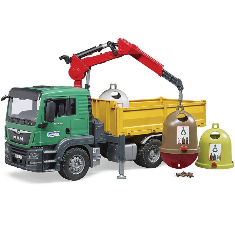 Camión con Grúa de Carga 3 Recipientes para Reciclaje - Bruder1