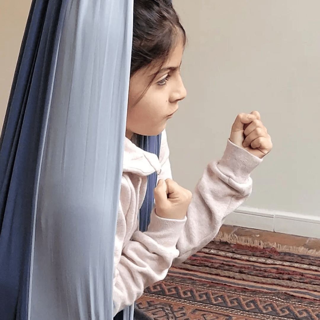 Columpio sensorial doble tela azul piedra - FocuSwing 3