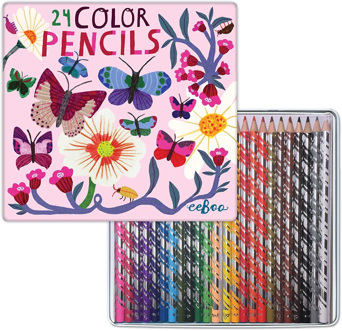 Caja Metal de 24 Lápices Mariposas y Flores - Eeboo 3
