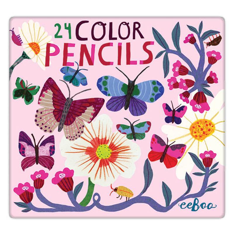 Caja Metal de 24 Lápices Mariposas y Flores - Eeboo2