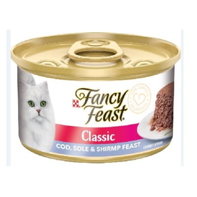 Fancy Feast, lata de comida de gatos mousse de pescado y camarones, Classic Cot Sole & Shrimp 85g