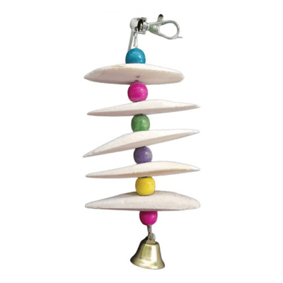 JUGUETE COLGANTE LORO CON 5 HUESOS DE JIBIA