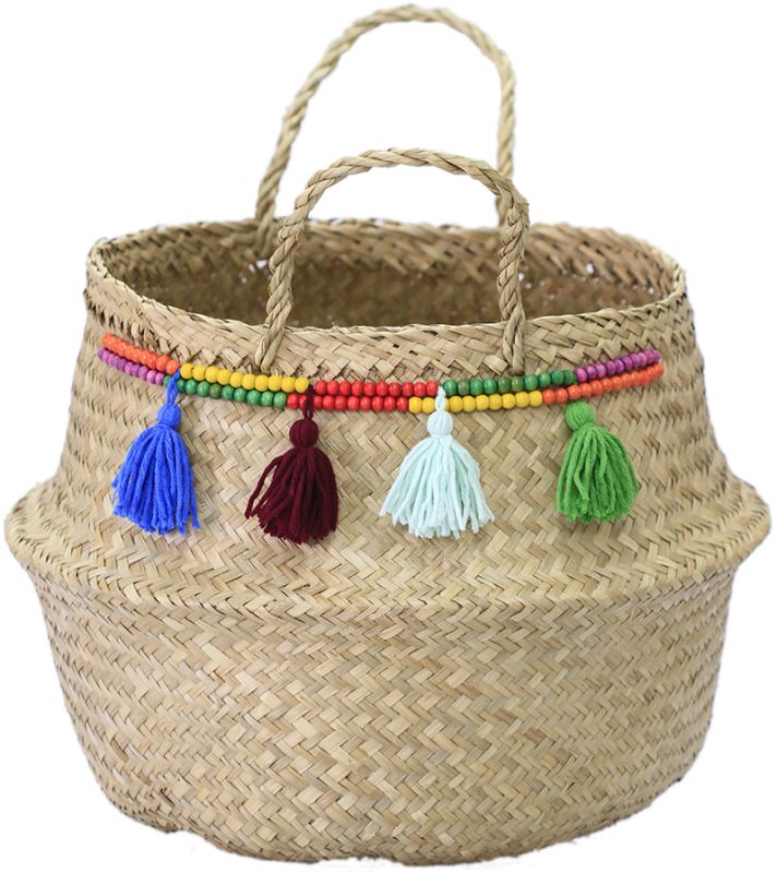 CANASTO RATTAN POMPONES COLGANDO Y BORDADO DE MOSTASILLAS CANASTO RATTAN POMPONES COLGANDO Y BORDADO DE MOSTASILLAS