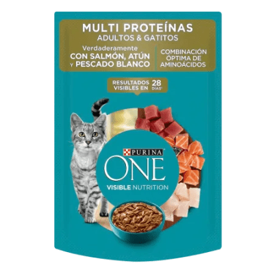 POUCH PURINA ONE	gato sabor salmón, atún y pescado 85g