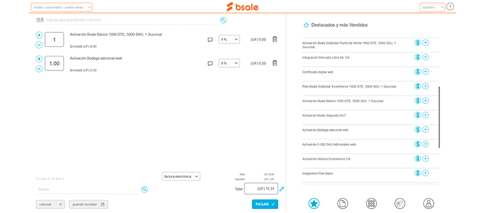 Plan Básico y Bodega adicional añadidos desde el punto de venta