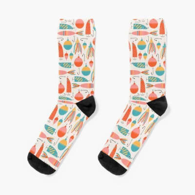 Calcetines de hombre con dibujos para pescadores, beige señuelos vintage1