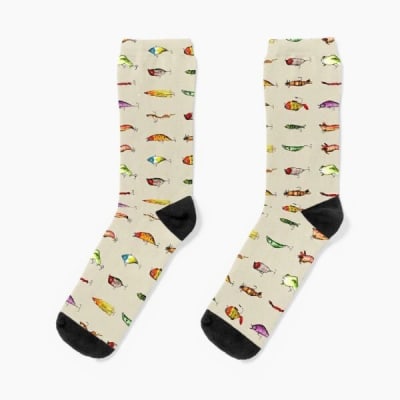 Calcetines de hombre con dibujos para pescadores, beige con señuelos varios1