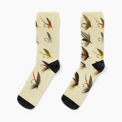 Calcetines de hombre con dibujos para pescadores, Beige moscas clásicas1