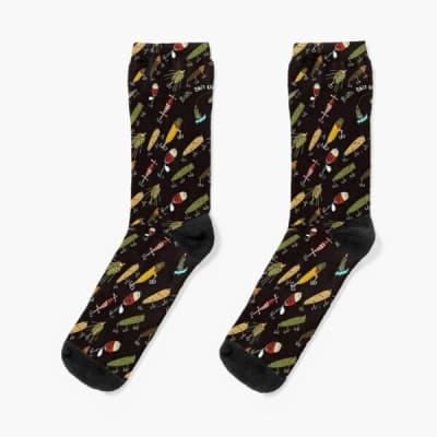 Calcetines de hombre con dibujos para pescadores, azul con señuelos y spinners1