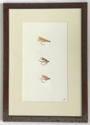 Acuarela Original 3 Moscas de María Jesús Pinto, Serie Petrohue 29x41 cm.1