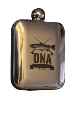 Petaca acero inoxidable curva con patrones de mosca, ONA fly fishing1