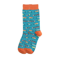 Calcetines de hombre con dibujos para pescadores, verde petroleo con moscas y señuelos