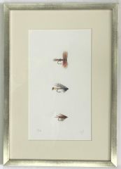 Acuarela reproducción seriada 3 moscas, 20 copias, de María Jesús Pinto, Serie Petrohue 29x41 cm.