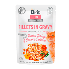 POUCH BRIT CARE CAT FILLETS IN GRAVY TURKEY & SAVORY SALMON 85G