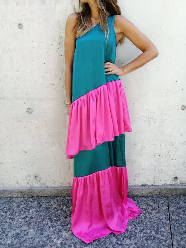 VESTIDO DE SEDA VERDE VUELOS FUCSIA VESTIDO DE SEDA VERDE VUELOS FUCSIA