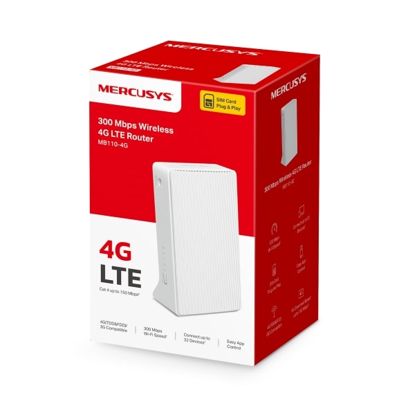 Router Mercusys 4G LTE 300Mbps Soporta hasta 32 Dispositivos, Tarjeta SIM, 2 Puertos Ethernet 10/100 MB-110-4G V23