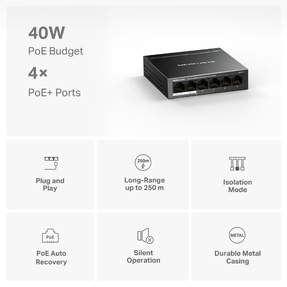 SWITCH MERCUSYS CON 6 PUERTOS 10/100 Mbps CON PoE+ 4 PUERTOS MS106LP4