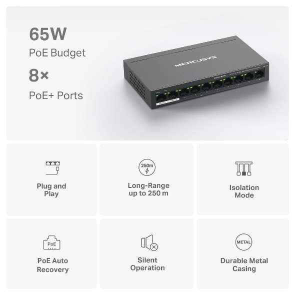 SWITCH MERCUSYS 10 PUERTOS  10/100 MBPS CON 8 PUERTOS POE MS110P7