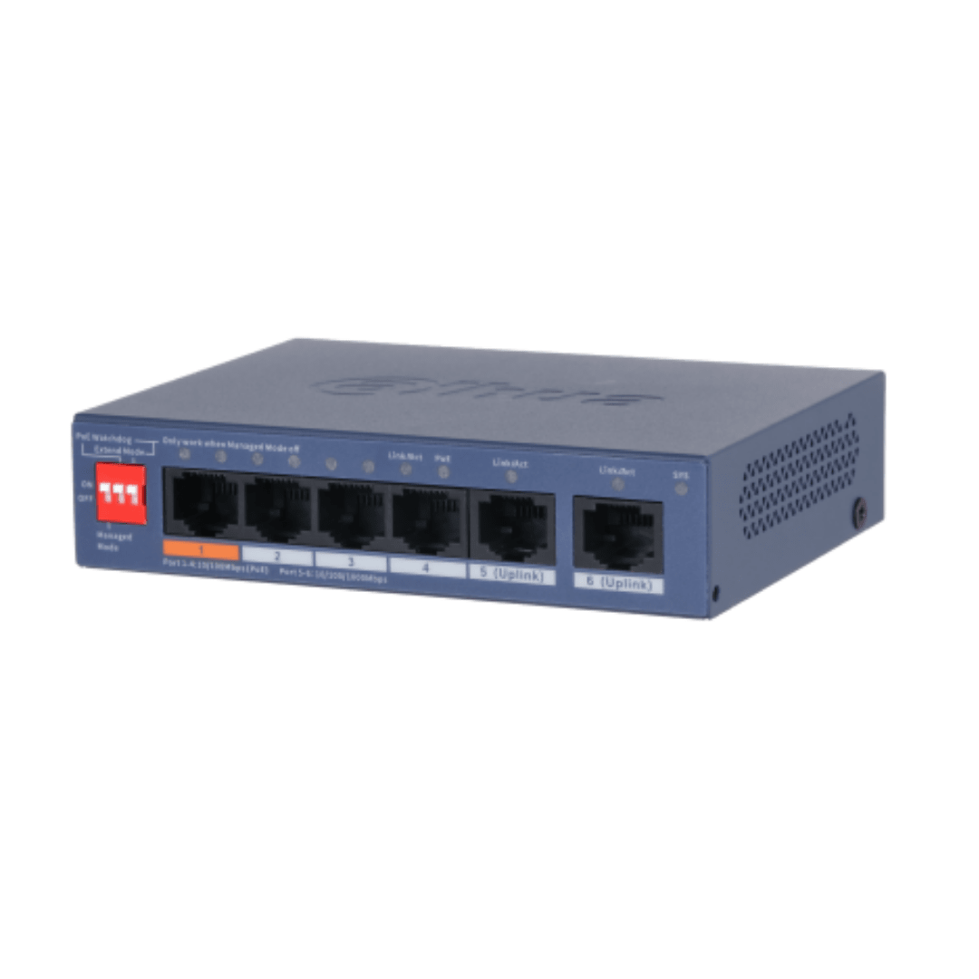 Switch Dahua 4 puertos PoE 10/100 y 2 puertos 10/100/1000 Uplink Gigabit Administrable DH-CS4006-4ET2GT-602