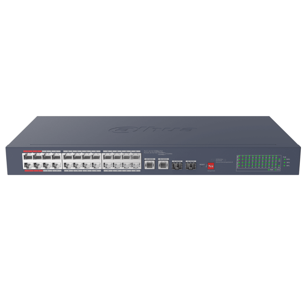Switch Dahua Gigabit 24 Puertos PoE 2 Puertos RJ45 2 Puertos SFP gestionado en la nube 240W DH-CS4228-24GT-2402