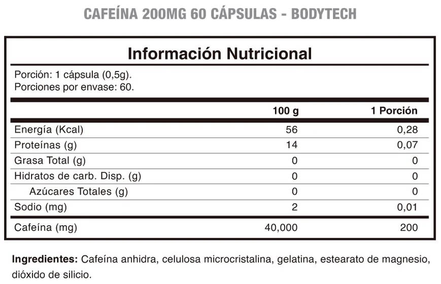 Cafeína BodyTECH 200MG 60 Cápsulas. 2