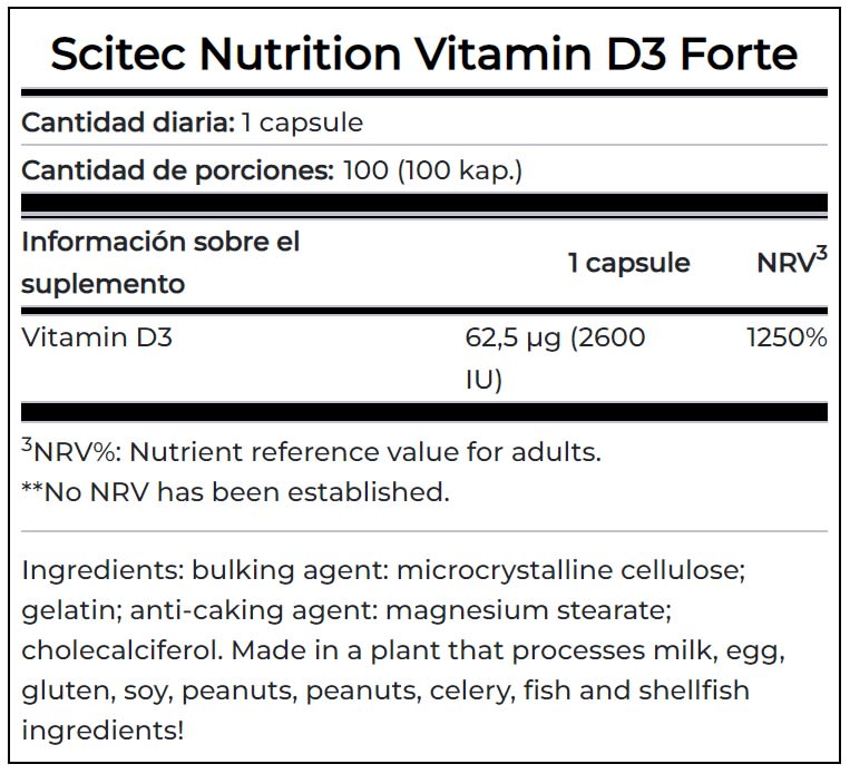 Vitamina D3 Forte 2600UI Scitec Nutrition 100 Capsulas. 2