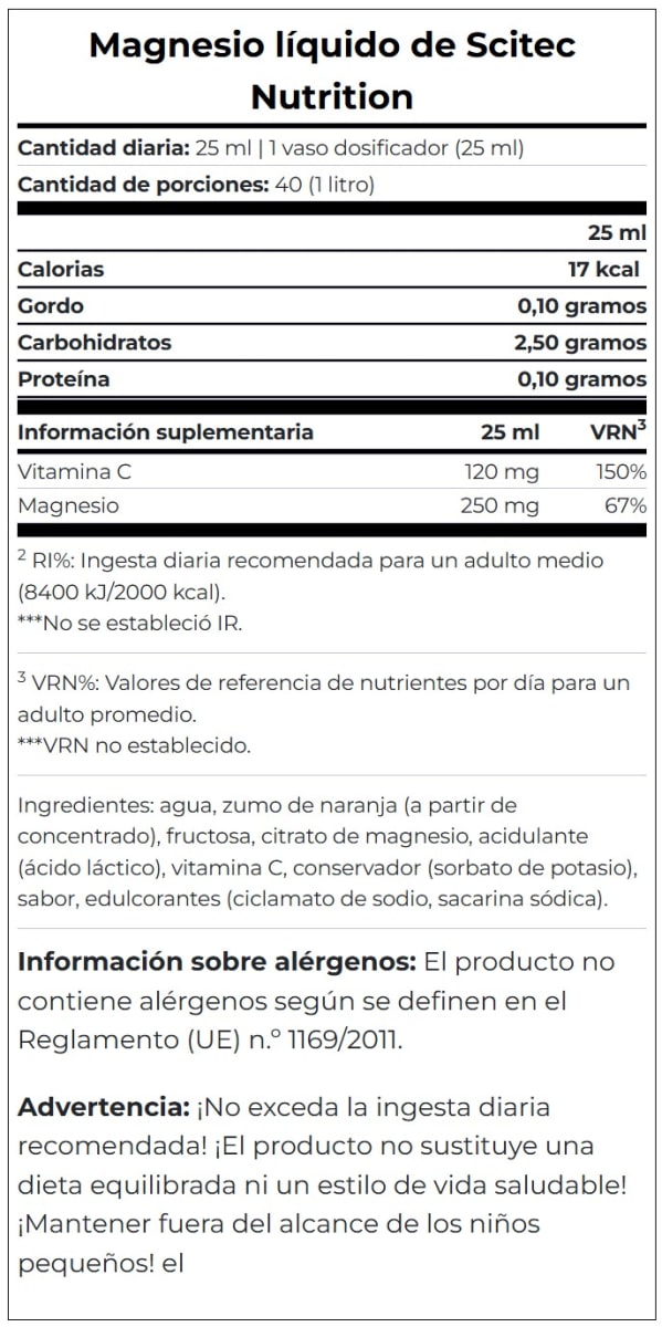 Magnesio Liquido 250MG Scitec Nutrition 40 Servicios. 2