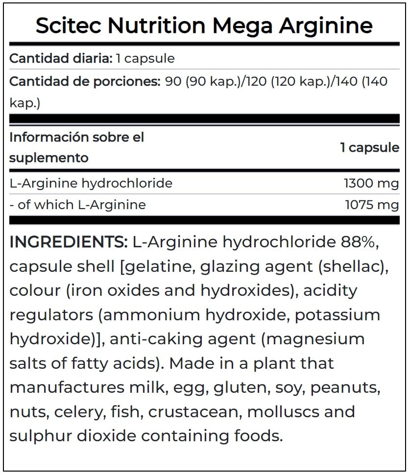 Mega Arginina 1300MG Scitec Nutrition 140 Servicios. 2