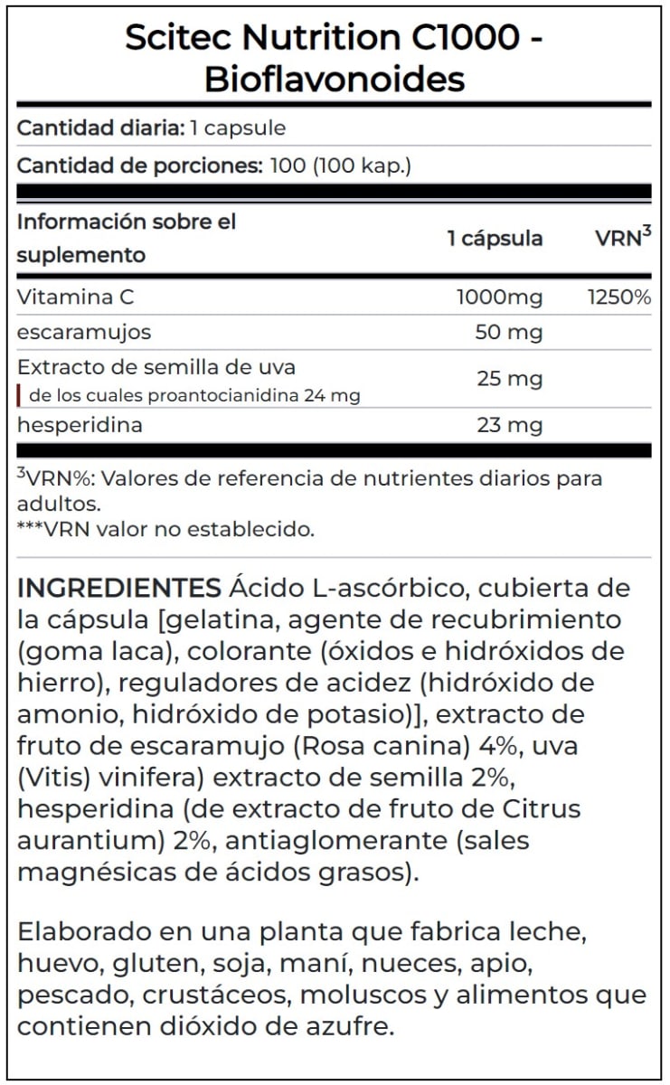Vitamina C 1000MG + Bioflavonoides Scitec Nutrition 100 Capsulas. 1