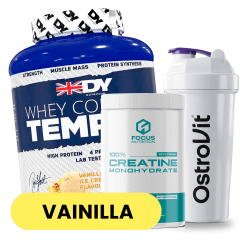 PACK DY Nutrition Whey Complex Tempro 5 lb (Vainilla Ice Cream) + Creatina Focus Nutrition 300 g + Shaker
