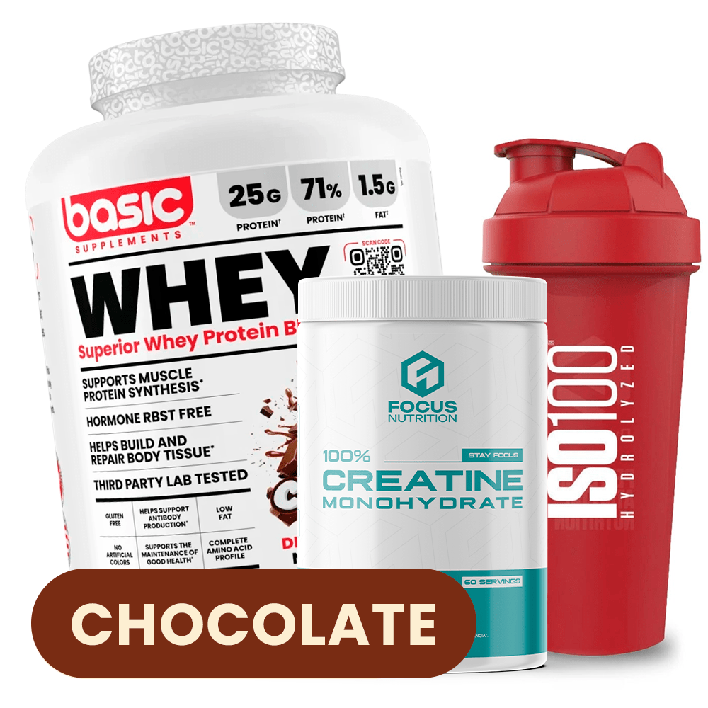 PACK Basic Whey 5 lb (Chocolate) + Creatina Focus Nutrition 300 g + Shaker 1