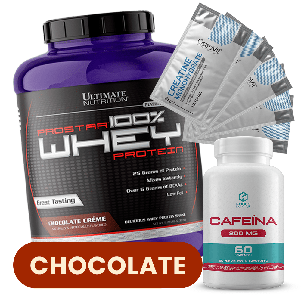 PACK UL Prostar 5 lb (Chocolate) + Cafeína Focus Nutrition 60 comp + 5 Sachets Creatina OstroVit 1