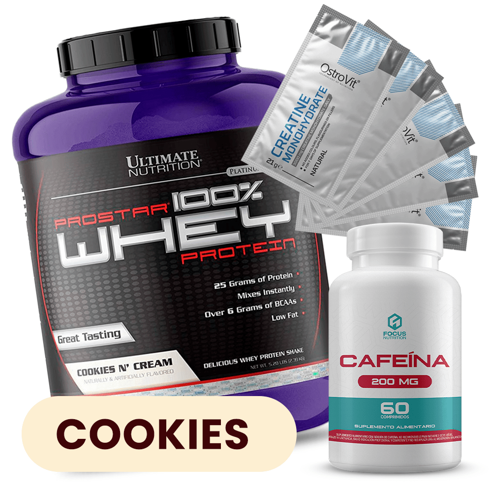 PACK UL Prostar 5 lb (Cookies) + Cafeína Focus Nutrition 60 comp + 5 Sachets Creatina OstroVit 1
