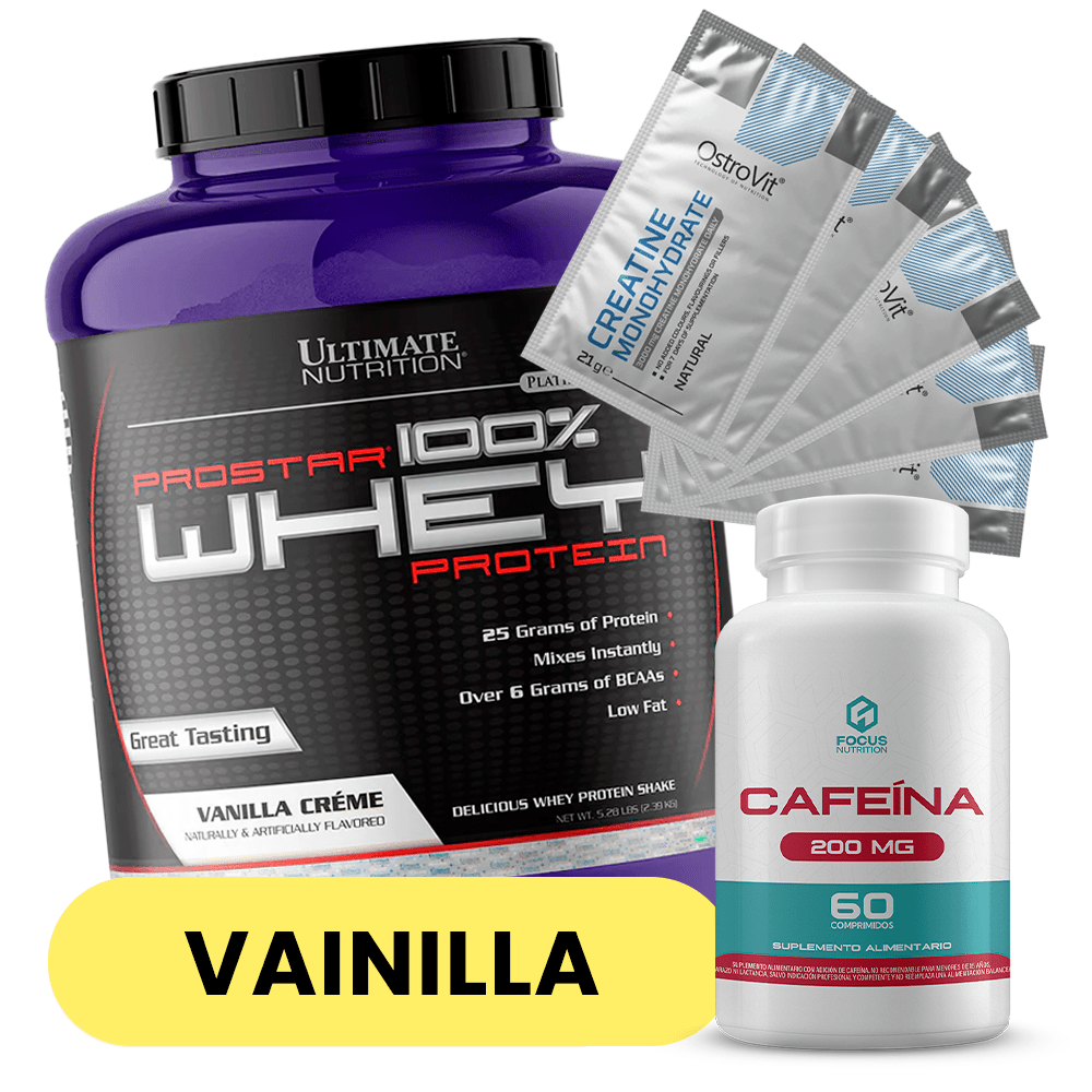 PACK UL Prostar 5 lb (Vainilla) + Cafeína Focus Nutrition 60 comp + 5 Sachets Creatina OstroVit 1