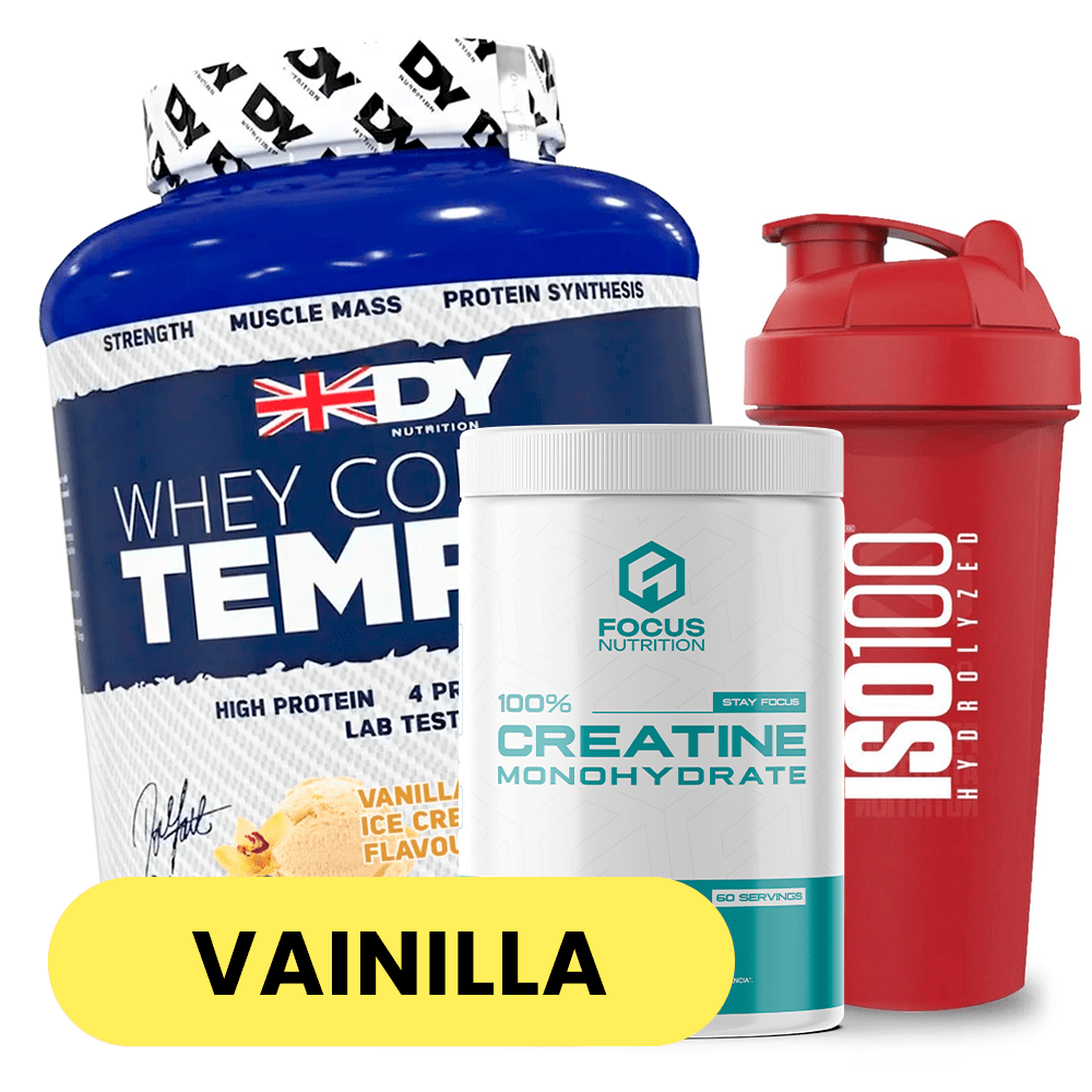 PACK DY Nutrition Whey Complex Tempro 5 lb (Vainilla Ice Cream) + Creatina Focus Nutrition 300 g + Shaker 1