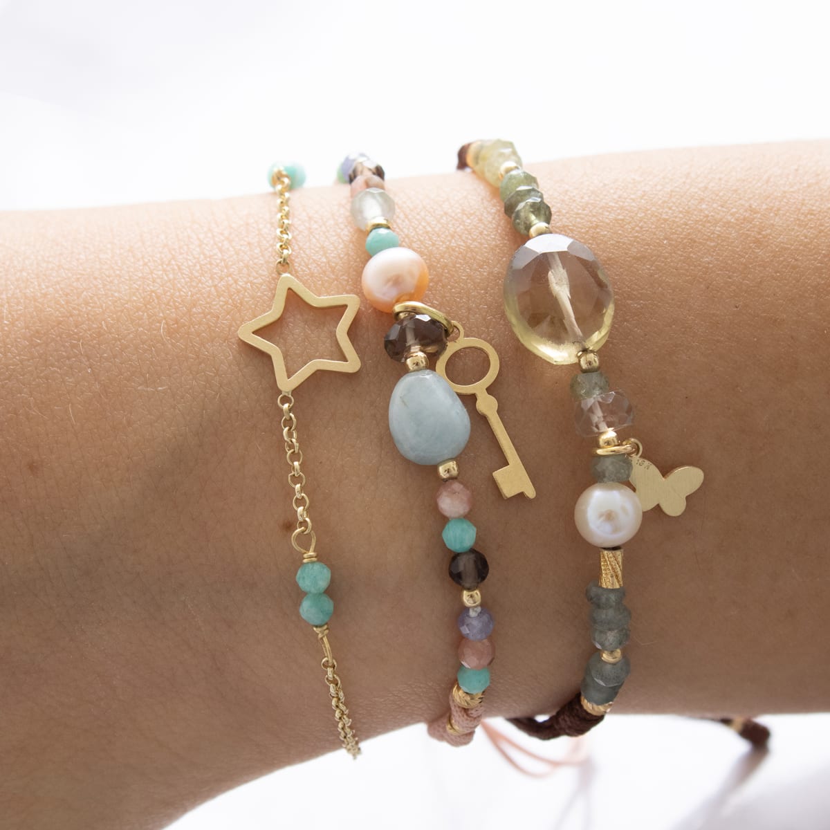 *Pulsera Suni Agua Marina Musgo y Cuarzo Limón Dije Mariposa ORO 18KT* *Pulsera Suni Agua Marina Musgo y Cuarzo Limón Dije Mariposa ORO 18KT*